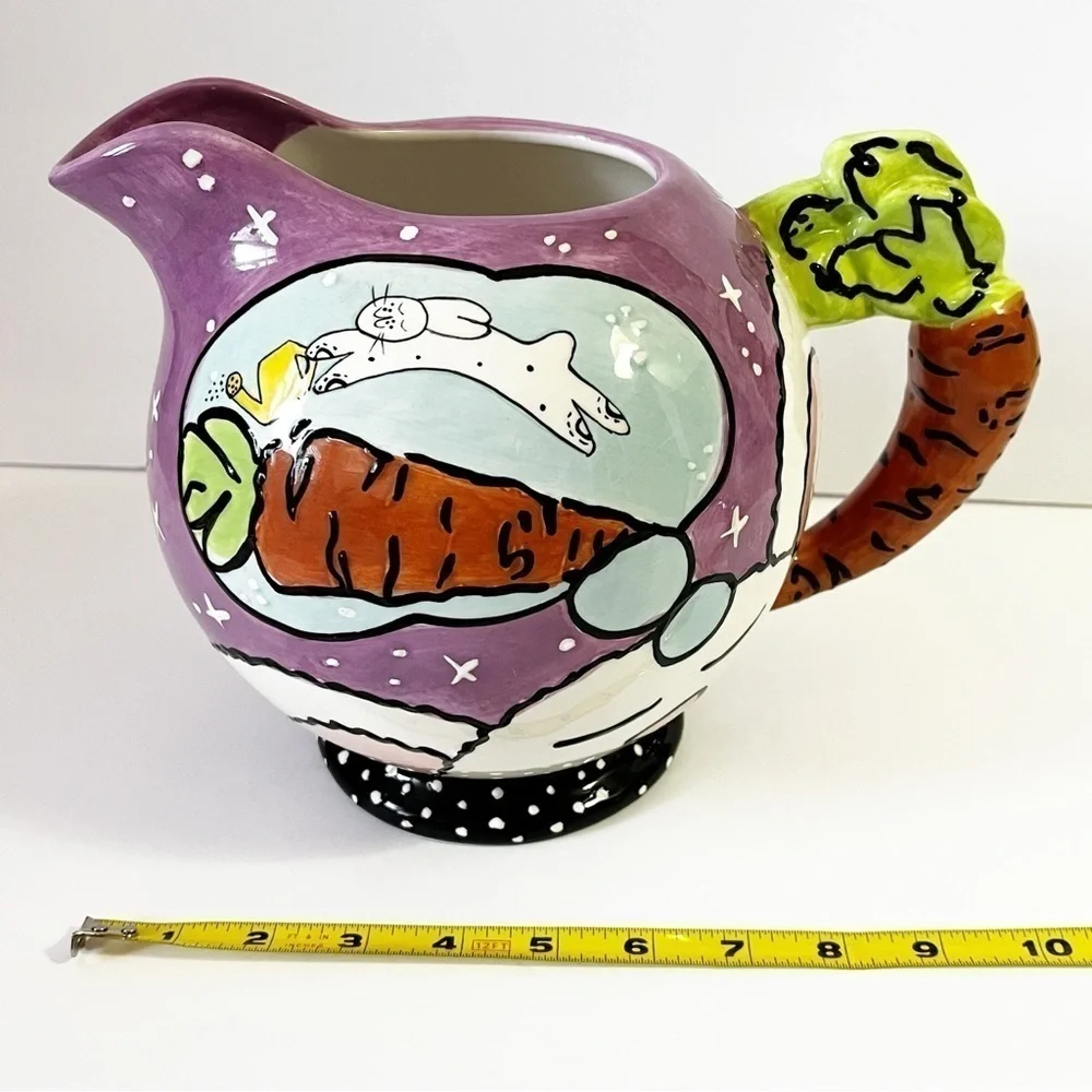 Joanne Delomba for Lostus Bunny Rabbit Pitcher Carrot Handle Whimsical Easter